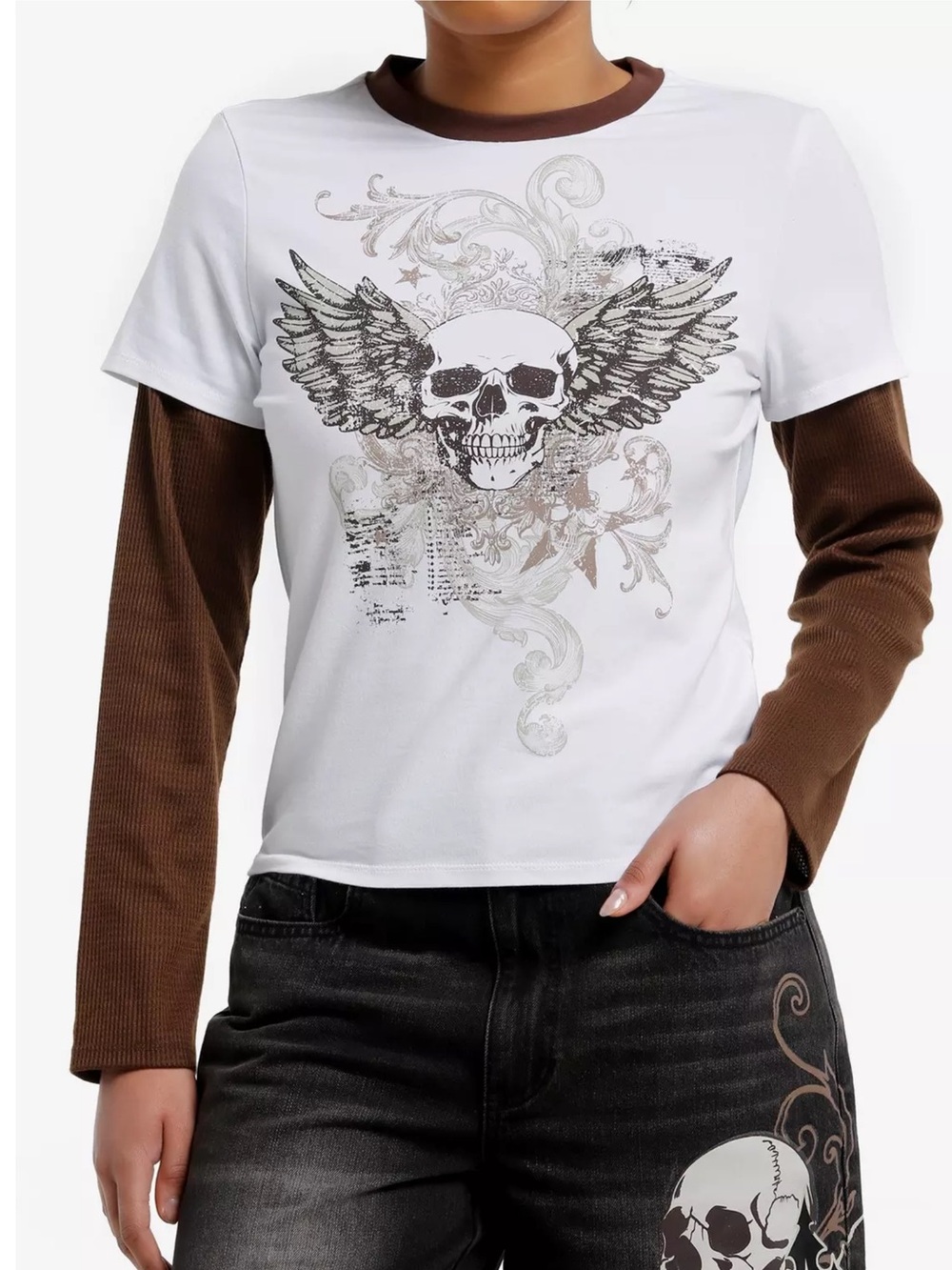 Hot Topic Winged Skull Layered-Look Long Sleeve Tee